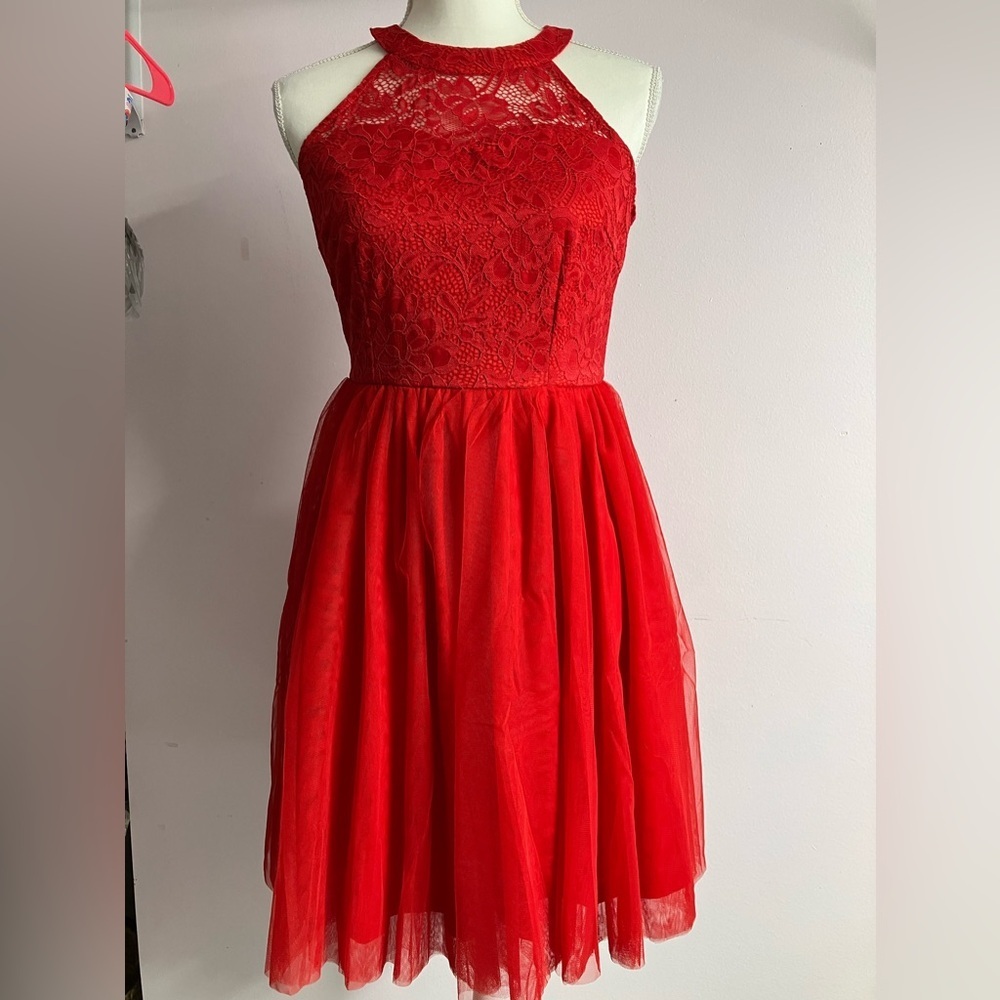 High Collar Halter Dress, Medium, Red, Lace Overlay, Tulling, Zapaka